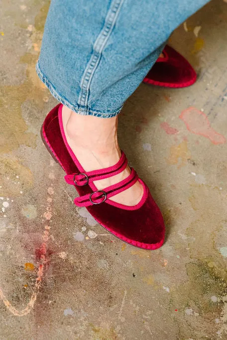 Flagelus Claire Burgundy pantofi Mary Jane velur bordo
