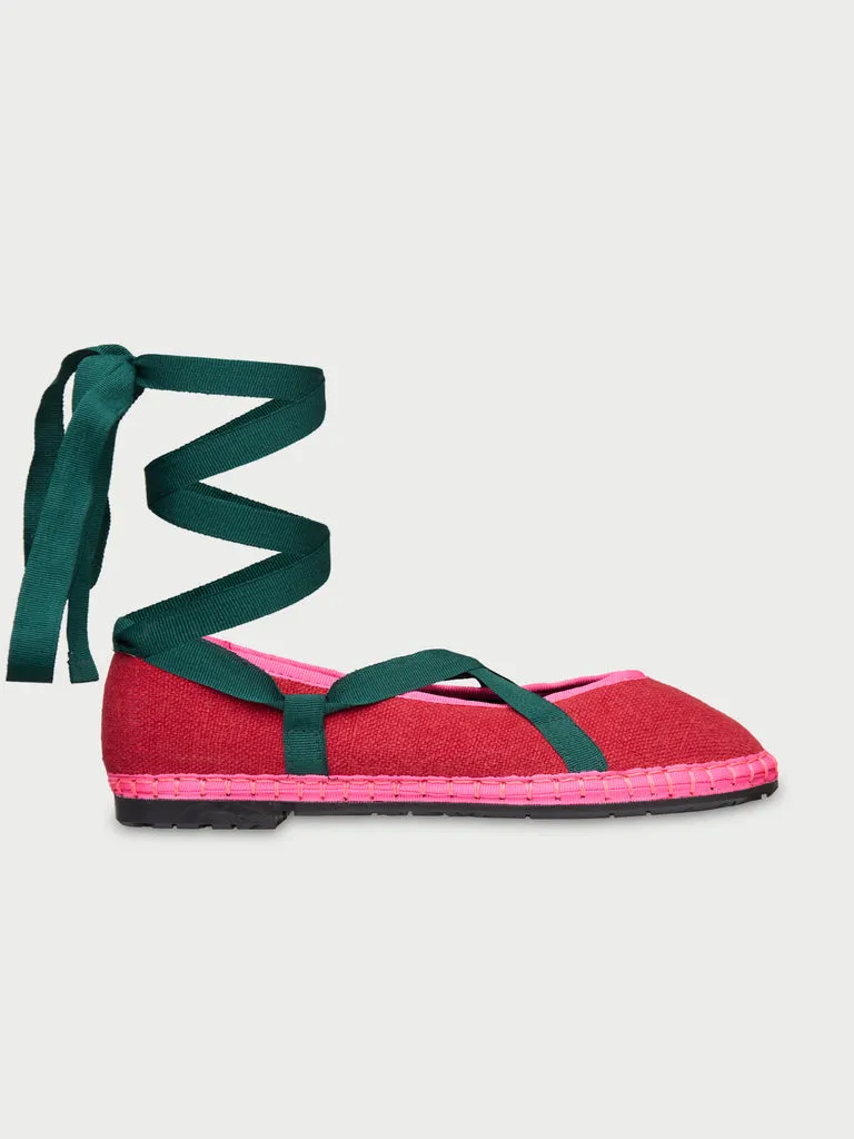 Flagelus Ribbon Linen Cherry Green papuci rosu in