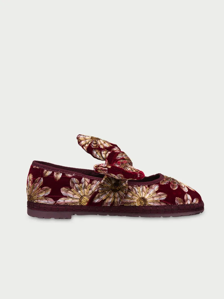 Flagelus Lyra Petal papuci catifea bordo cu broderie