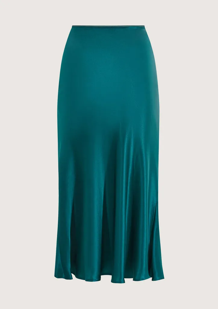 Flagelus Roller fusta midi verde petrol din matase