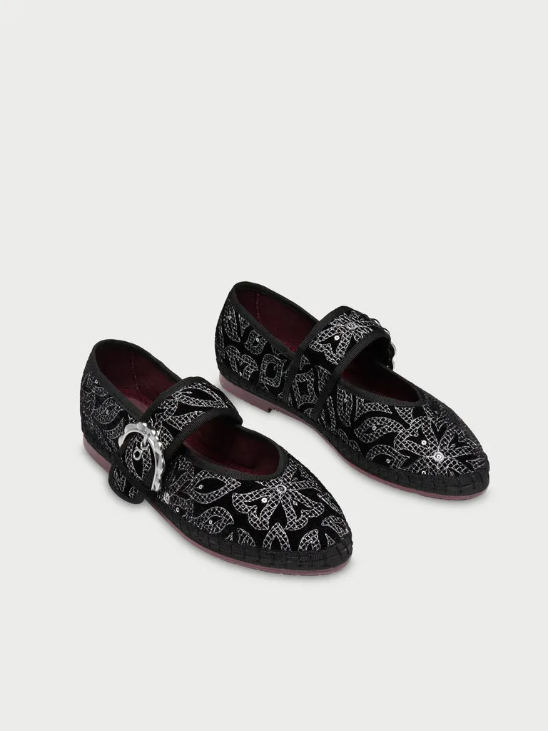 Flagelus Sophie Bloom Silver pantofi negri catifea