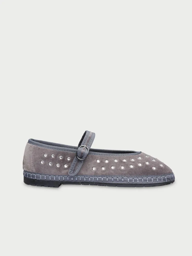Flagelus Mae Mist balerini catifea gri cu cristale