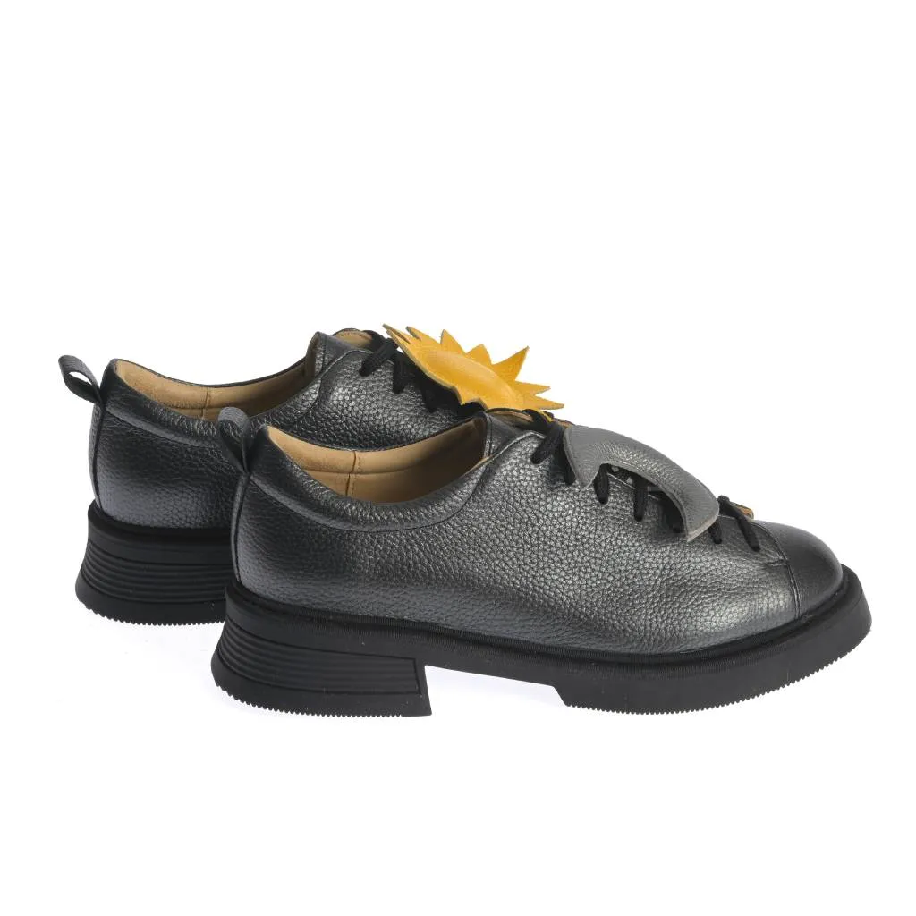 Ana Urbana Boston pantofi piele negru-galben cu siret