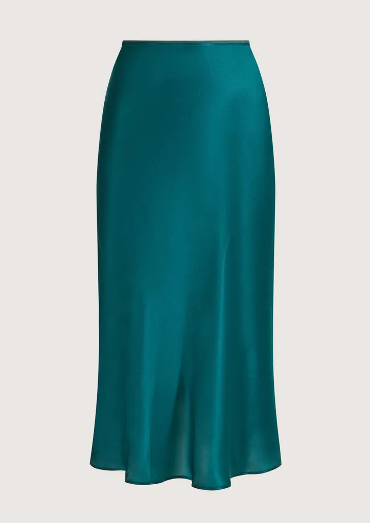Flagelus Roller fusta midi verde petrol din matase