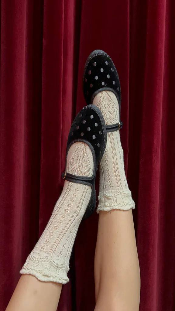 Flagelus Gray Dots pantofi Mary Jane catifea negri