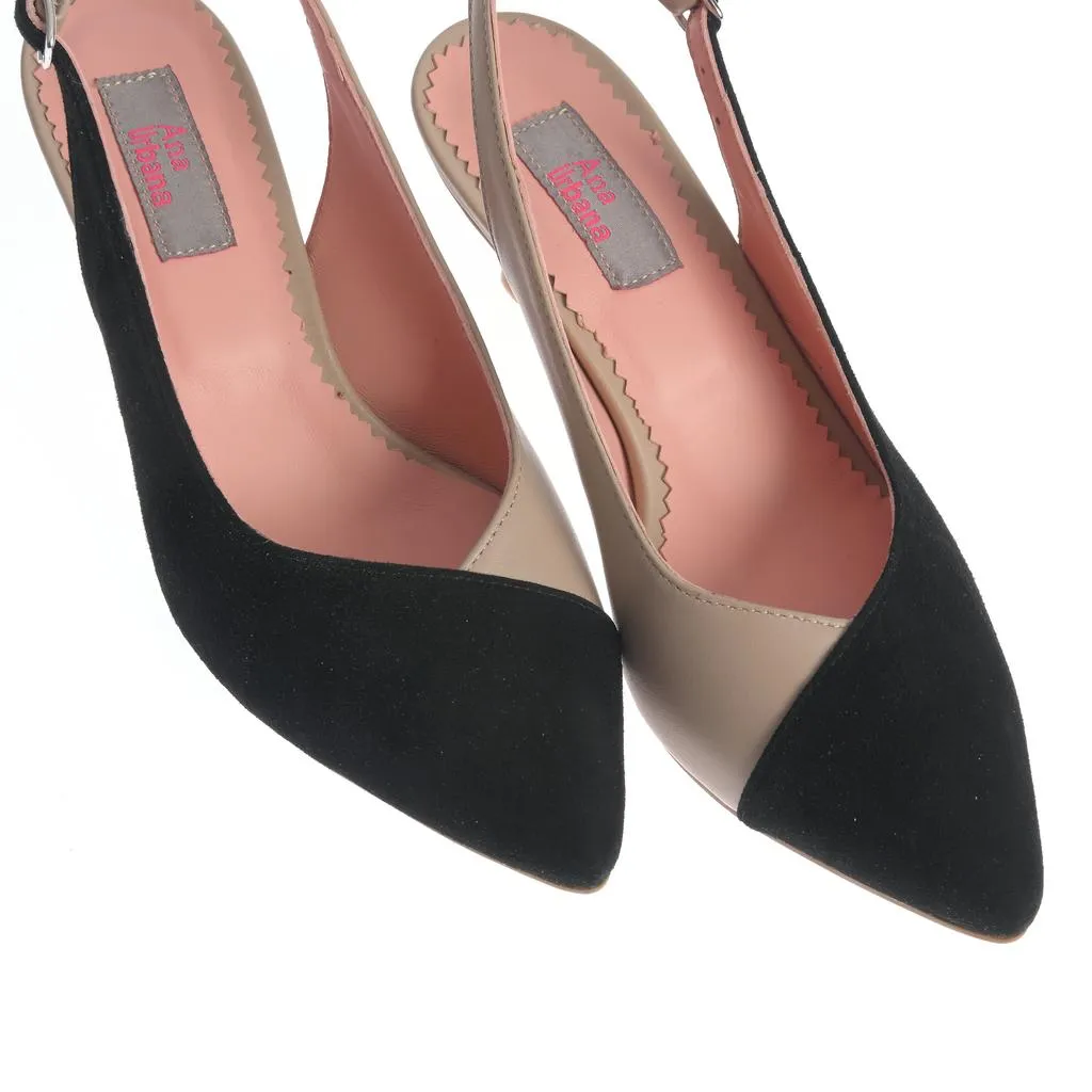 Ana Urbana Diana pantofi slingback negru-bej toc mic