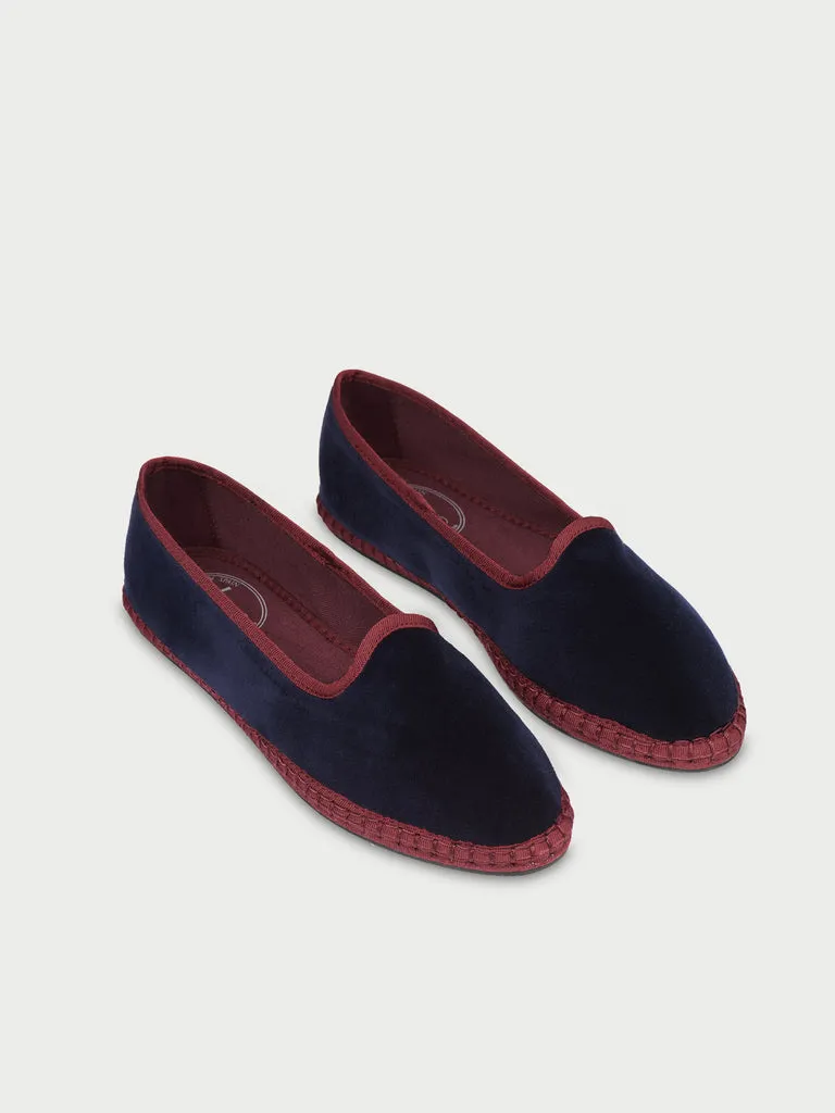 Flabelus Antigona slipper bleumarin catifea piping rosu